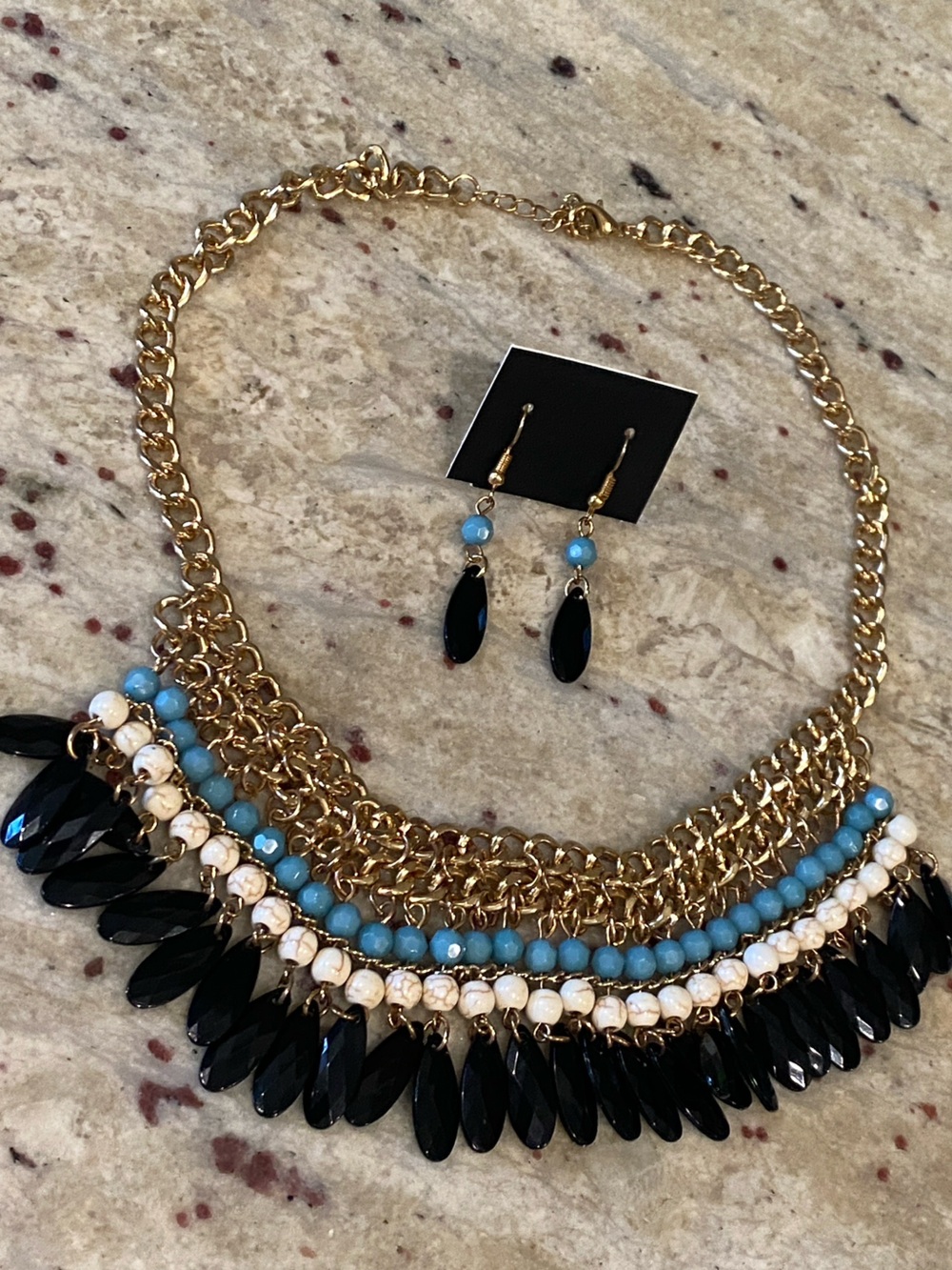Gold Chain Statement Necklace and earrings with Black & Turquoise colored Beads